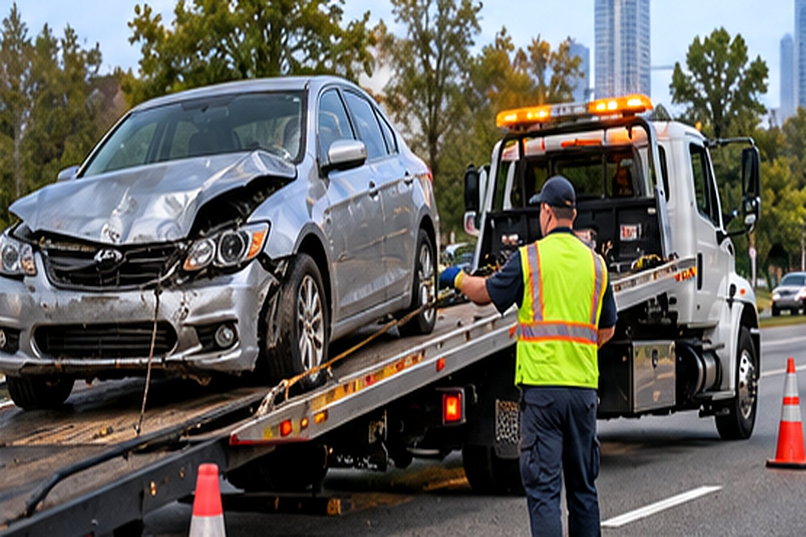 Accident towing Atlanta – damaged silver sedan winched onto a flatbed tow truck