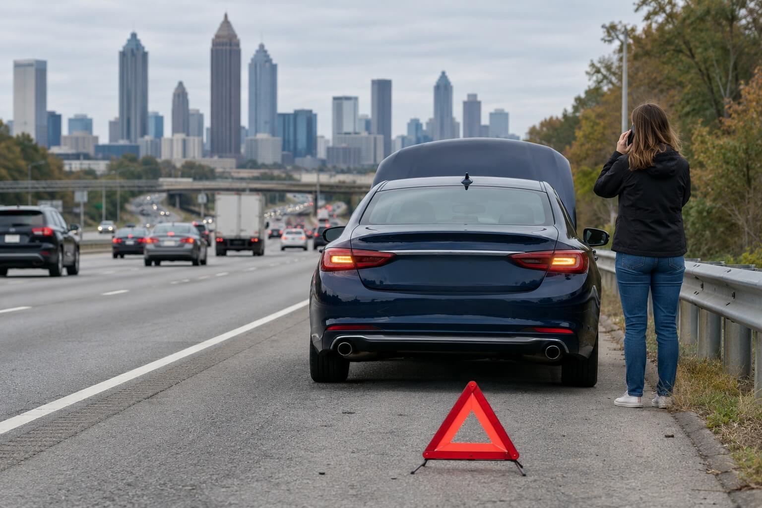 Car breakdown Atlanta – driver calling for help beside a car with a warning triangle