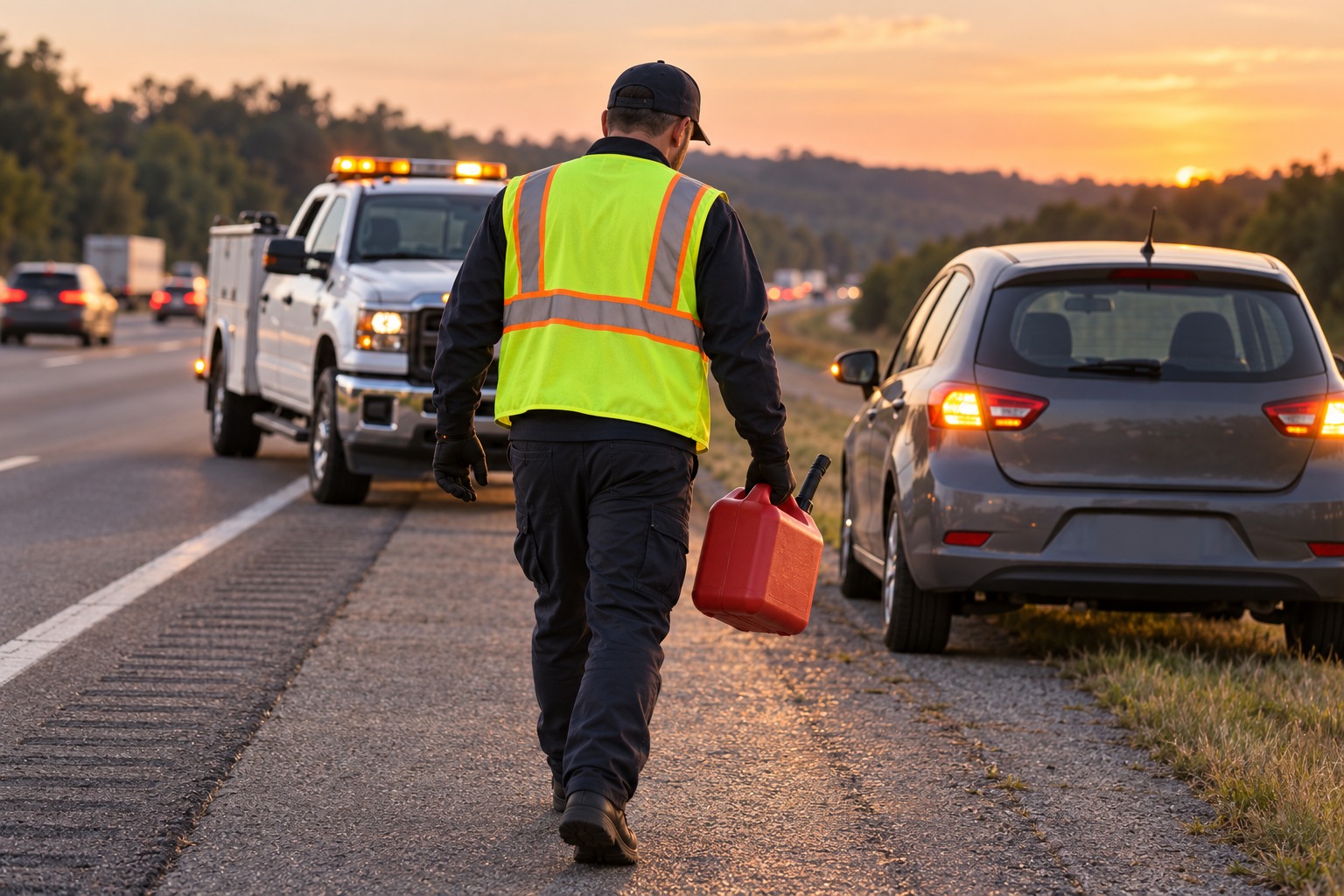 Emergency fuel delivery – technician carrying a red fuel can to a stranded car at dusk