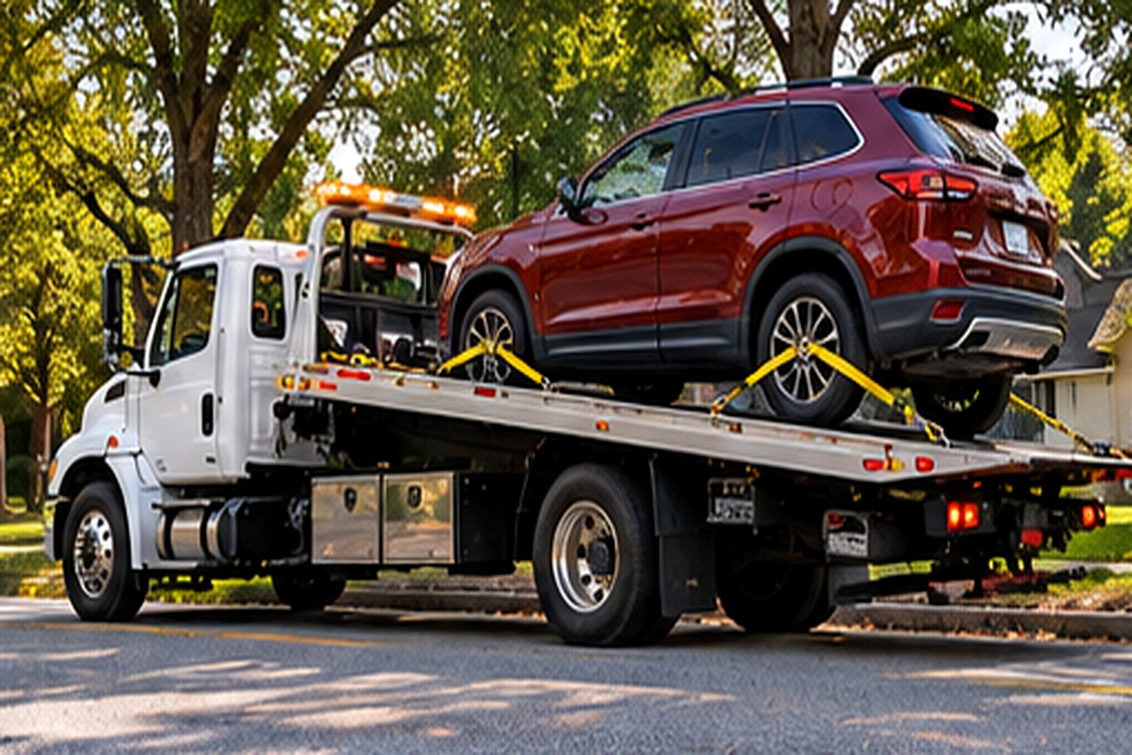 Flatbed towing Atlanta – red SUV strapped down on a white flatbed tow truck