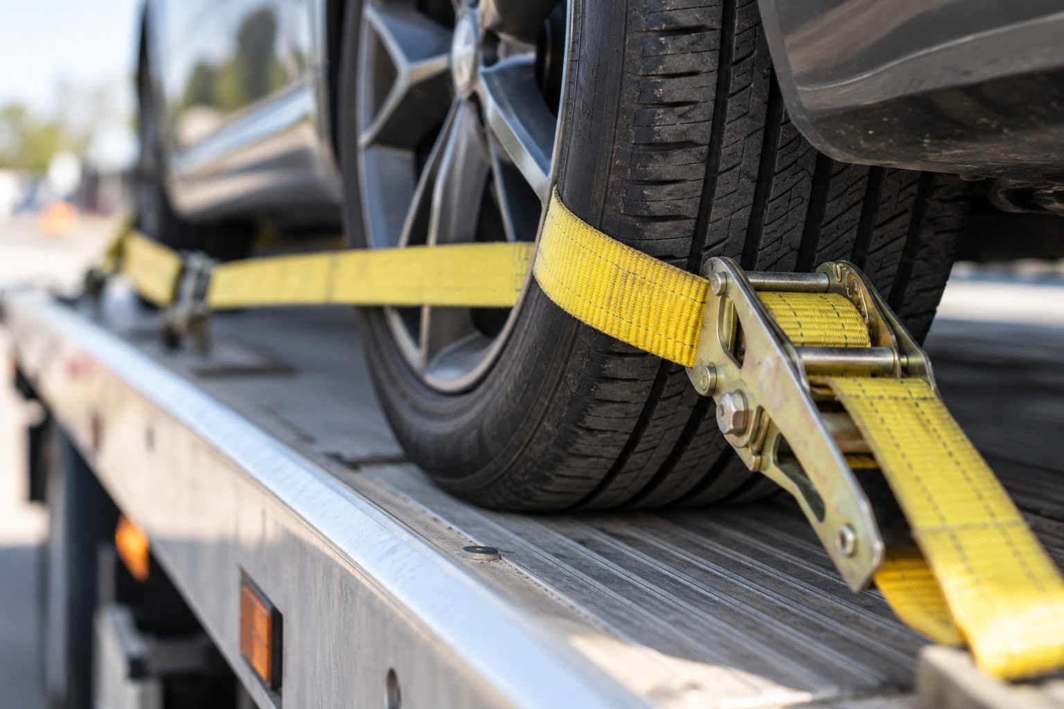 Flatbed transport – yellow ratchet strap securing a car tire on a flatbed tow truck