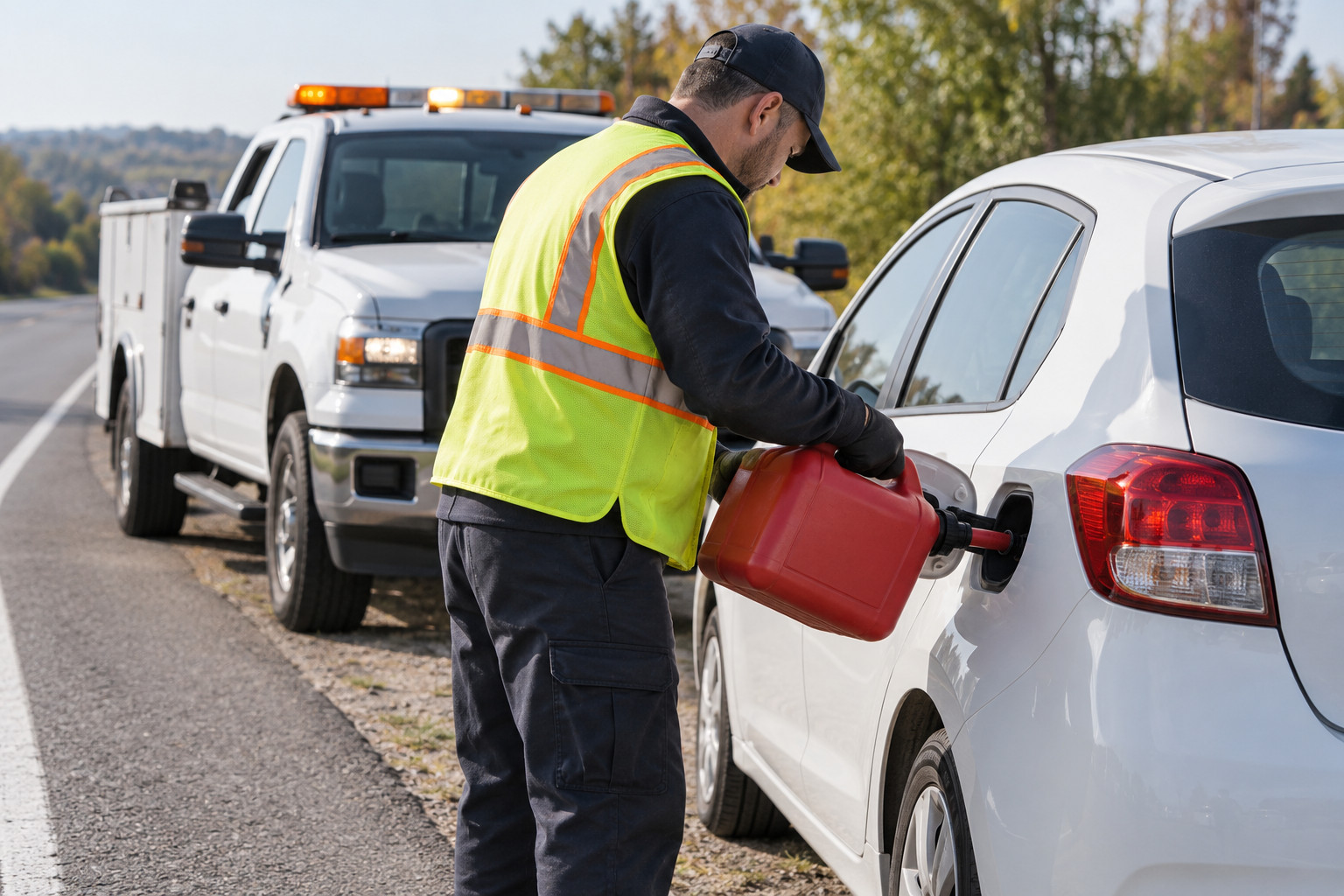 Fuel delivery Atlanta – technician pouring gas from a red fuel can into a stranded car