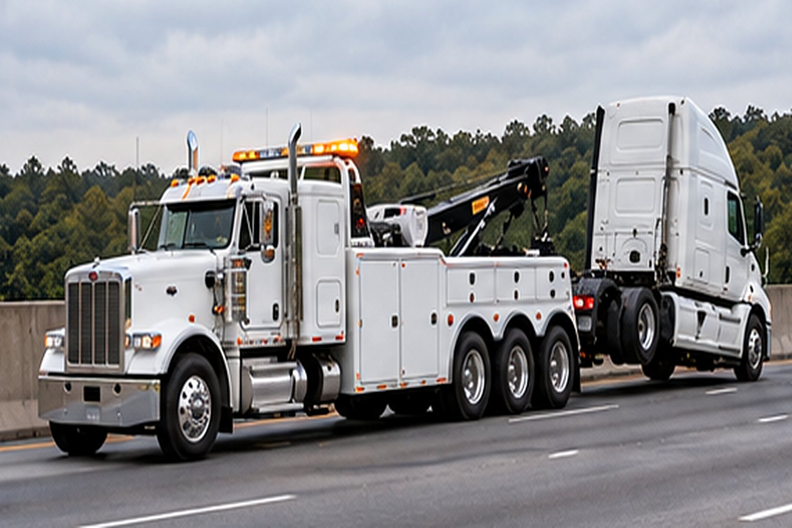 Heavy duty towing Atlanta – heavy wrecker towing a semi truck on the interstate