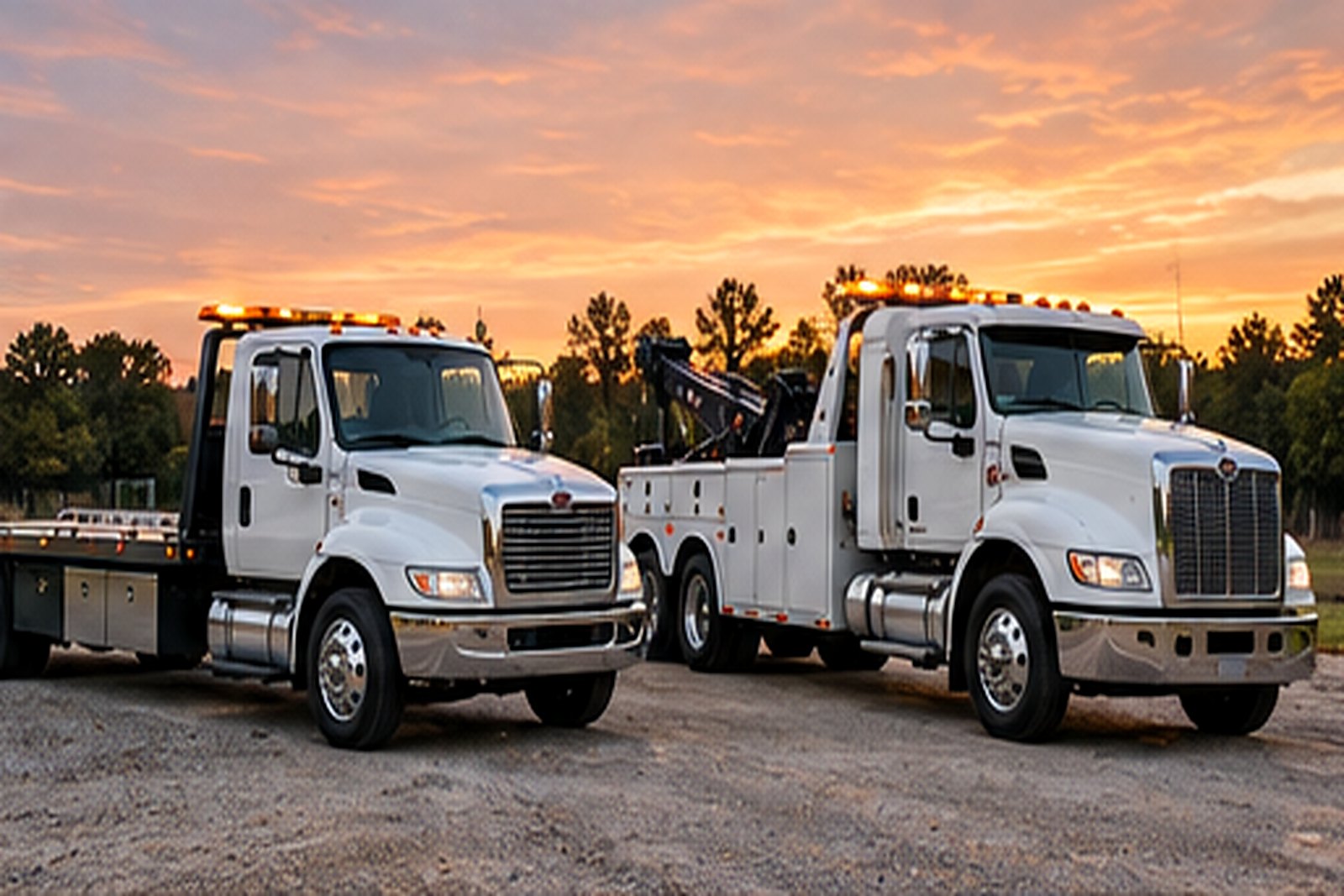 Prolocal Towing Services – flatbed and wrecker tow trucks parked at sunset