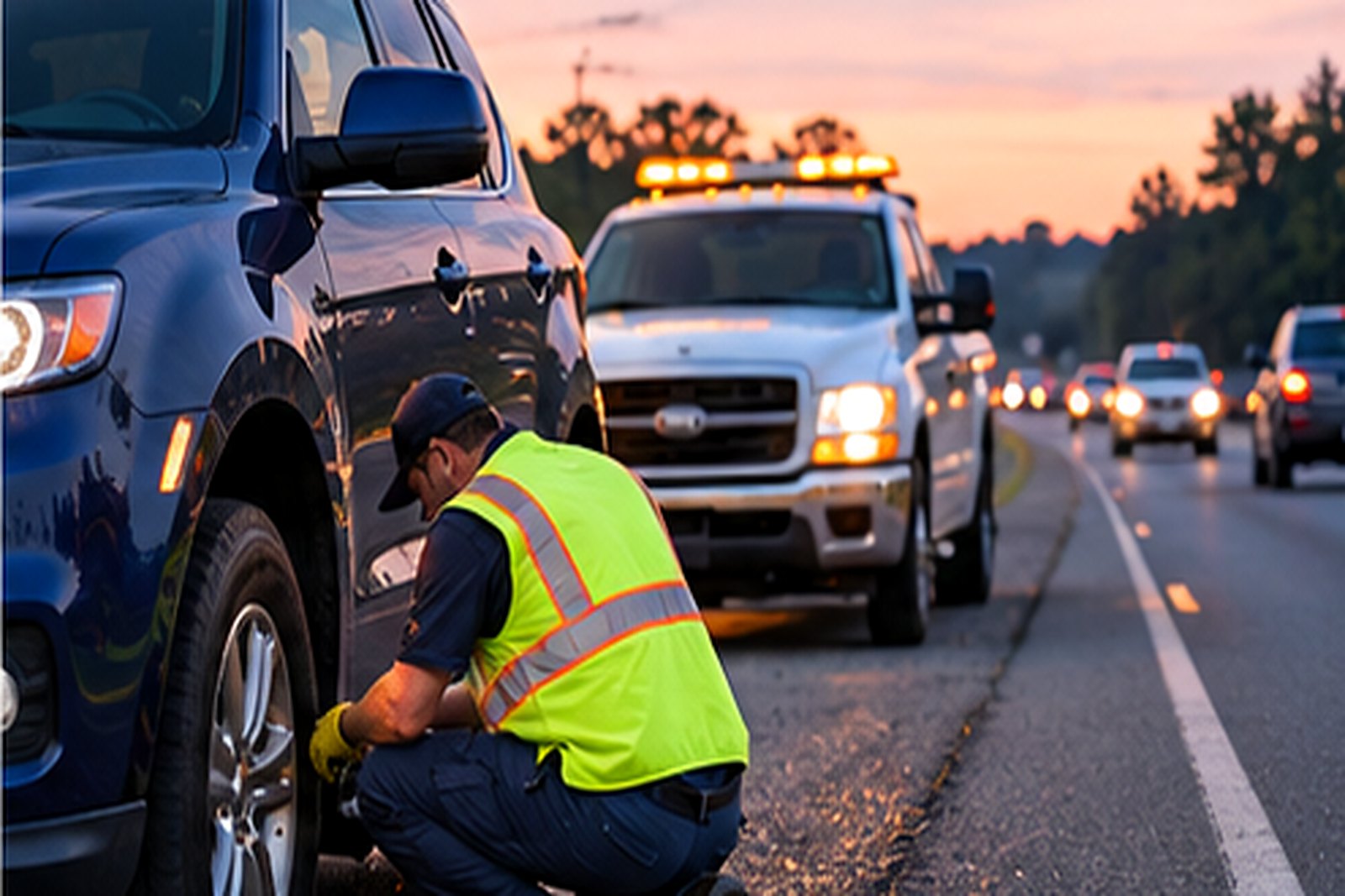 Roadside assistance Atlanta – technician helping beside a stopped SUV at dusk