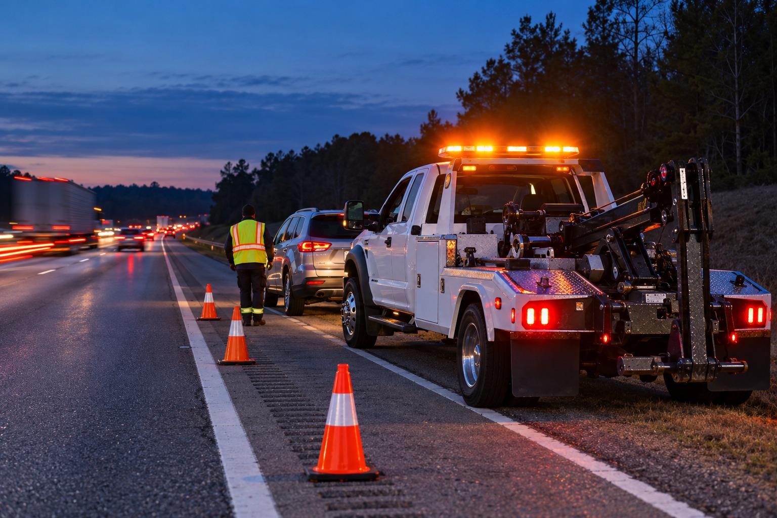 Roadside safety Georgia – tow truck with amber lights and cones on an interstate shoulder