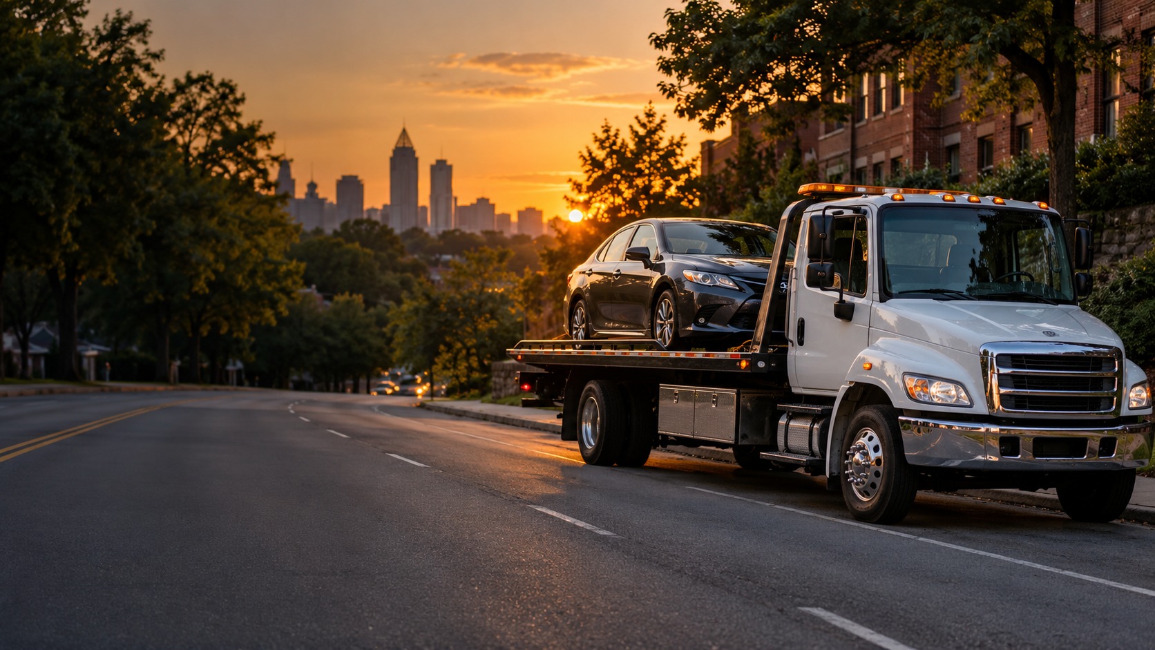Tow truck Atlanta GA – flatbed tow truck carrying a sedan on an Atlanta street at sunset