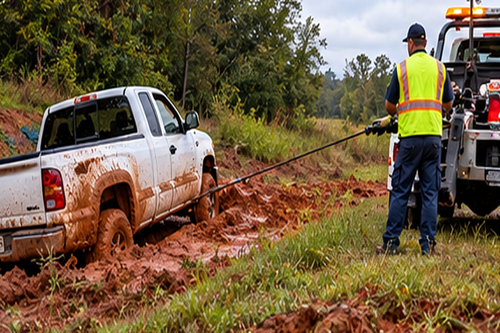 Winch-out service Atlanta – pickup pulled out of red clay mud with a winch cable